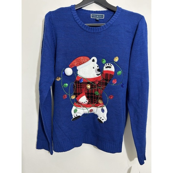 Holiday Christmas Sweater Blue Polar Bear Long Sleeves Karen Scott Size XL NWT - Picture 1 of 6